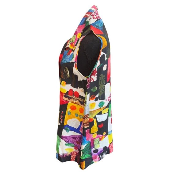 Retro 70s Colorful Sleeveless Button-Up Collared Blouse Top By Adore S Geometric - Picture 4 of 8